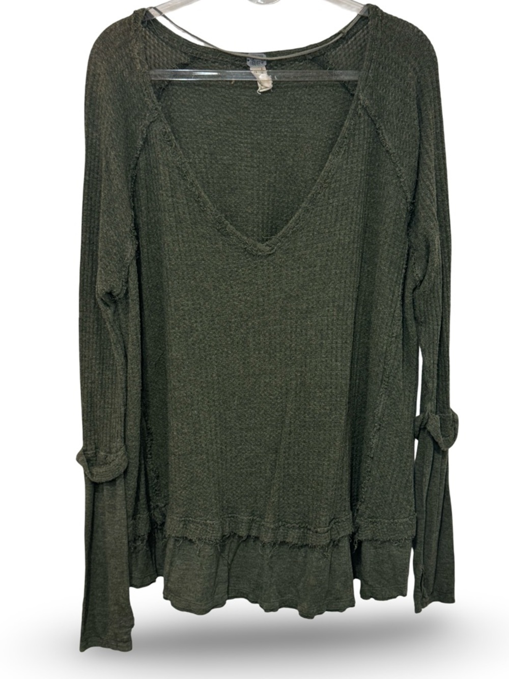 🫒 Free People Olive Green V-Neck Long Sleeve Ruffle Hem Top 🫒